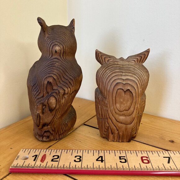 Carved Wooden Owl Figures Hand made Japan & Canada Set of 2 Bird Kadian Crafts - Picture 3 of 8